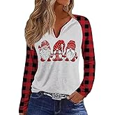 Christmas Snowflake V Neck Shirt for Women Funny Xmas Buffalo Plaid Long Sleeve Graphic Tee Holiday Family Party Winter Tops…