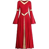 Women Metallic V Neck Praise Dance Dress Liturgical Worship Costume Bi Color Bell Long Sleeve Church Robe Praisewear