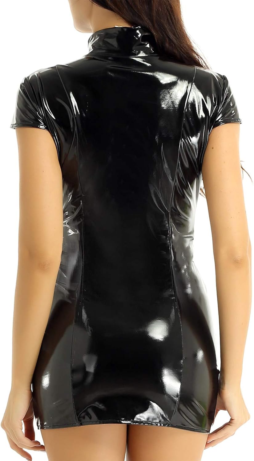 iEFiEL Women PVC Leather Wetlook Sleeveless Stand Collar Front Zipper Bodycon Mini Dress for Club Party: Clothing
