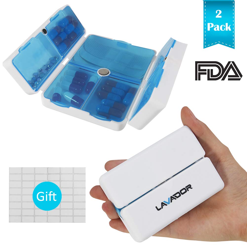 Pill Case,Portable Magnetic Foldable Pill Organizer with 7 Compartments Perfect for Pocket or Purse,Travel Pill Box for Pills/Vitamin/Fish Oil/Supplements (2 Pack) (Blue)