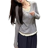 Women Coquette Long Sleeve Shirts Cute Lace Ruffle Bow Tie Cropped Sweater Y2K Fairy Grunge Vintage Y2K Top Baby Tees