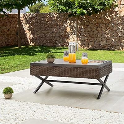 Festival Depot Metal Outdoor Side Coffee End Table Patio Bistro Living Room Dining Table Wood Grain Top Wicker Rattan… 61QN3m2Av8L