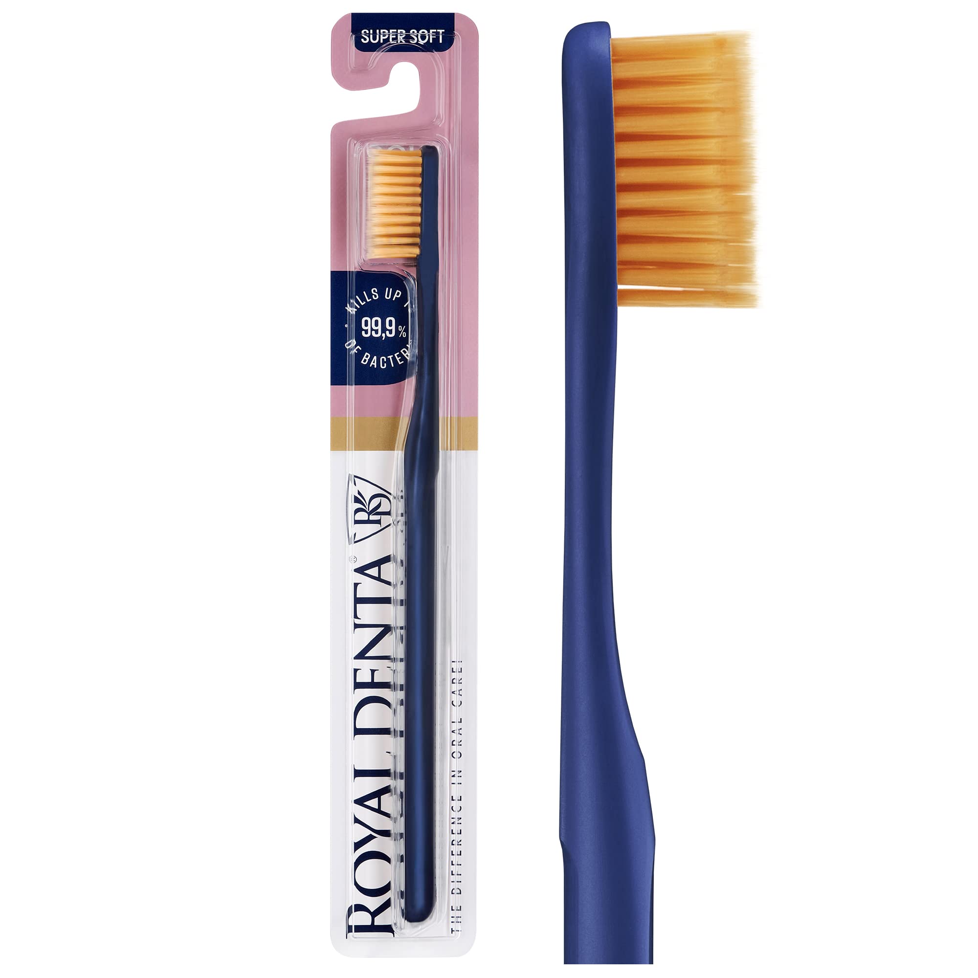 Royal Denta Extra Soft Toothbrush for Adults, Soft Bristle Manual Tooth Brush for Sensitive Teeth and Gums with Dual Length Gold Infused Bristles, Made in Korea (Blue)