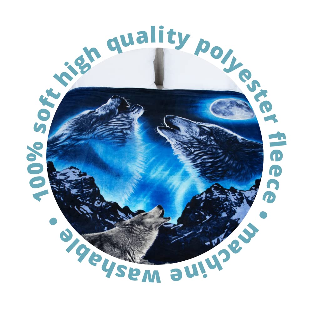 Dawhud Direct Howling Wolf Fleece Blanket for Bed, 75 x 90 inches Queen Size Wolf Fleece Throw Blanket for Men, Women and Kids - Super Soft Plush Throw
