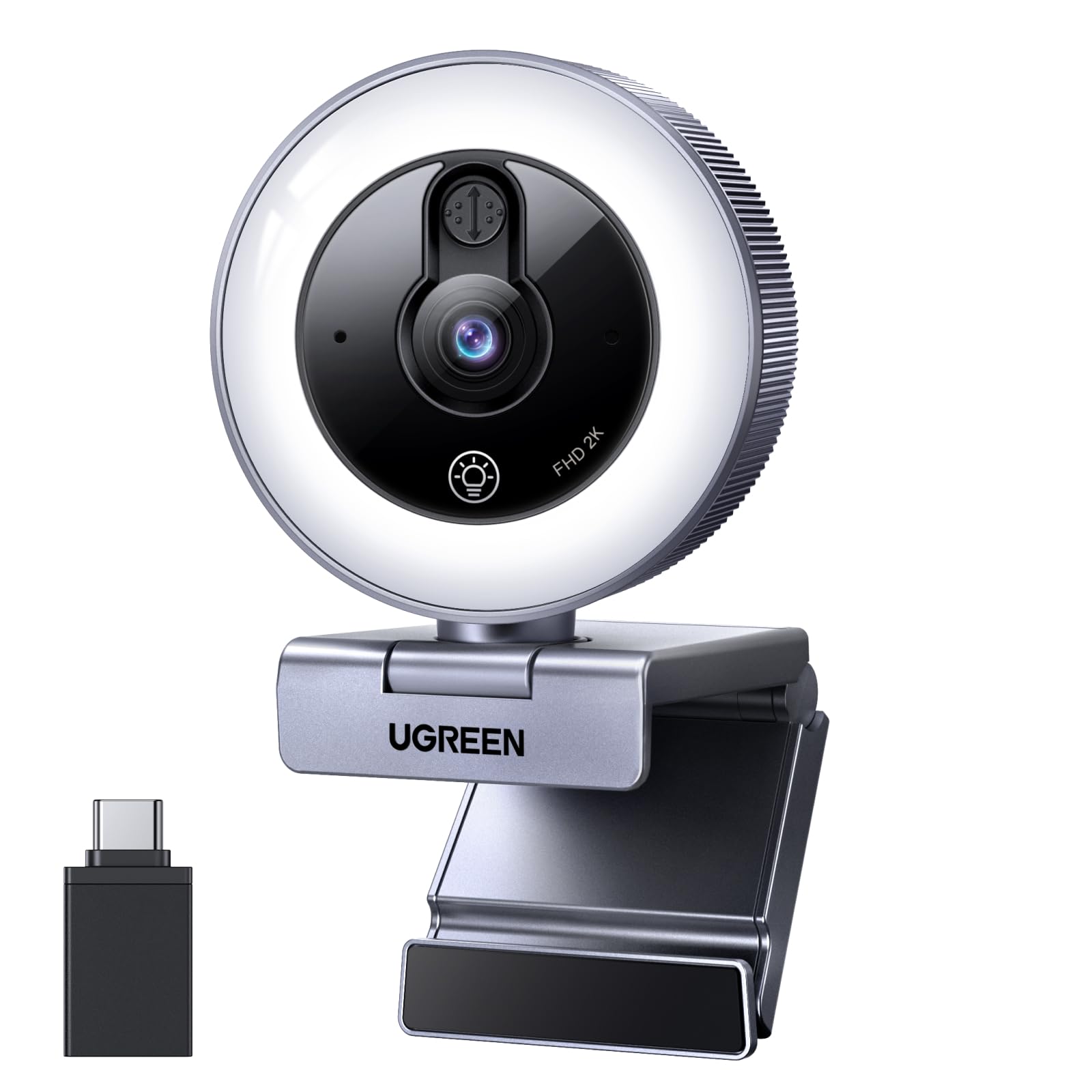 UGREEN FineCam Lite 2K Webcam mit Ringlicht PC Kamera mit mikrofon Streaming Kamera mit Abdeckung Fixfokus 4 Fülllichtstufen 80°FOV USB-A/C Anschluss Kompatibel mit PC/Laptop/Windows/Mac/Linux/Skype