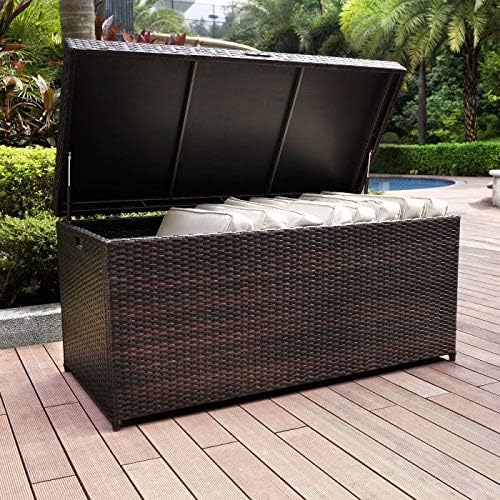 100 Gallon All Weather Tonal Brown Resin Wicker Deck Box Pool Patio Storage for Outdoor Living