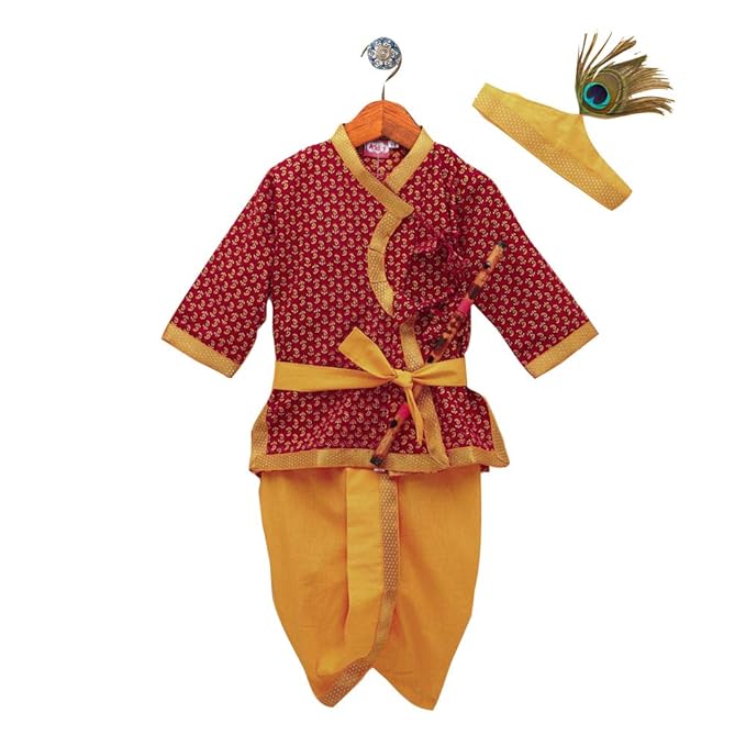 Kid1 By Hopscotch Boys Cotton Anghrakha Full Sleeves Kurta And Dhoti Set In Red Colour