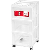IRIS USA Plastic Drawer Storage Organizer Rolling Cart, with Wheels Casters, 3-Drawers, for Classroom Art Craft Supplies Dresser Closet Bathroom Laundry Room, White/Clear