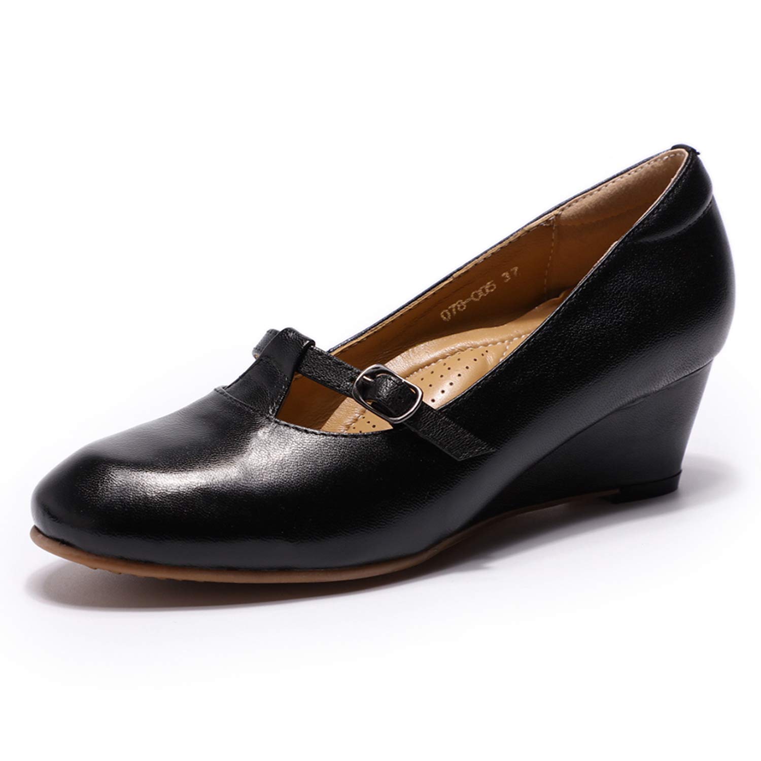Photo 1 of Mona flying Women's Leather Closed Toe Mary Jane Wedge Pumps Round Toe Mid Heel Dress Shoes for Women Ladies Pure-Black