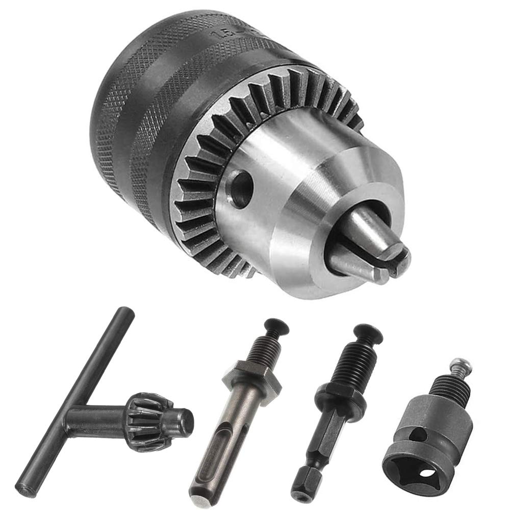 Mesee 1.5-13mm Capacity Quick Change Drill Chuck Adapter Converter 1/2-20UNF Impact Chuck Conversion Tool Kit with Chuck Key, 1/4" Quick Change Hex Shank, SDS Plus Shank and 1/2" Square Female Adaptor