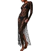 NUFIWI Women Vintage Y2k Lace Maxi Dress Long Sleeve See Through Mesh Bodycon Dress Floral Lace Maxi Long Slip
