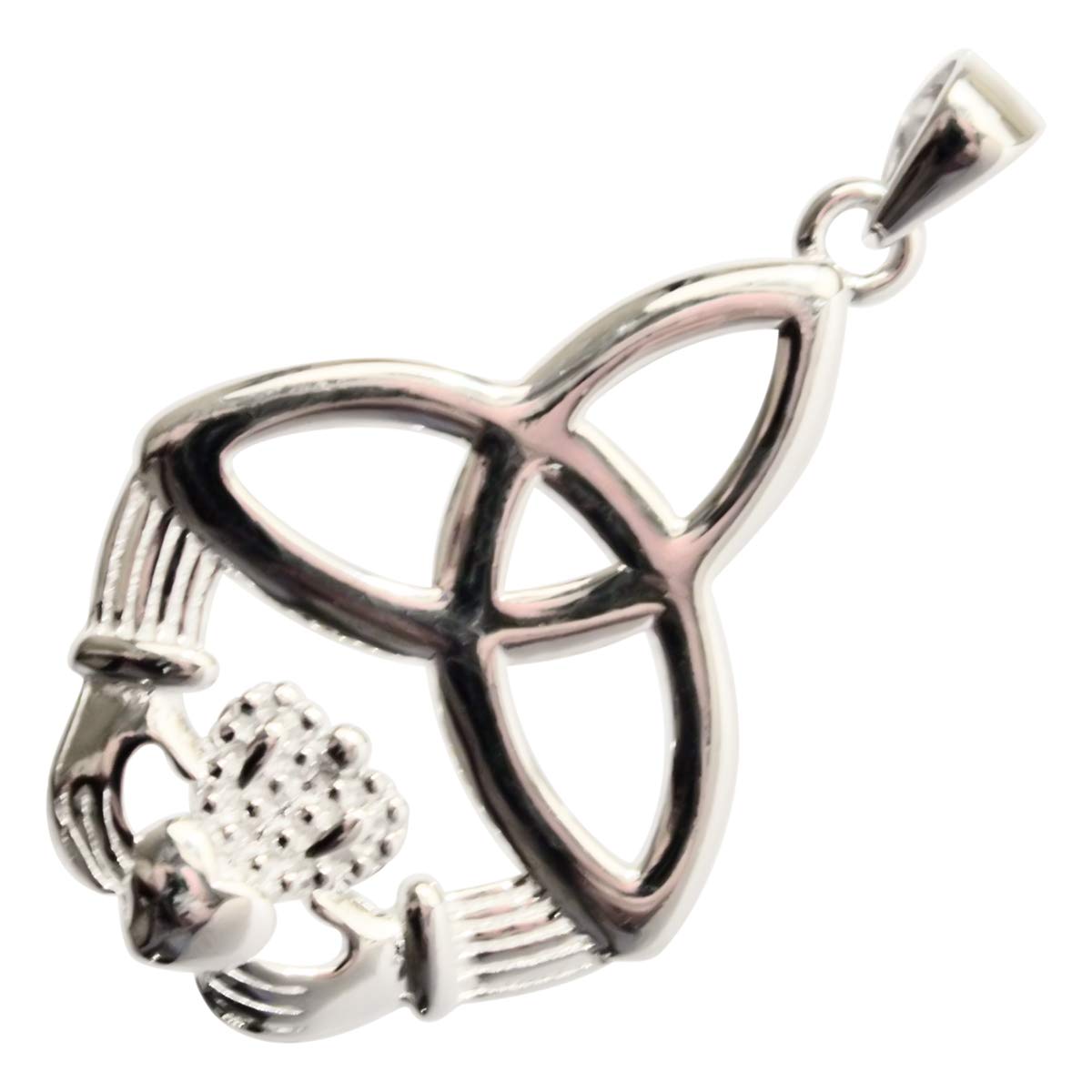 GWG Jewellery 925 Sterling Silver Celtic Trinity Knot United with Irish Claddagh Heart and Hands Pendant Necklace in Gift Box for Women