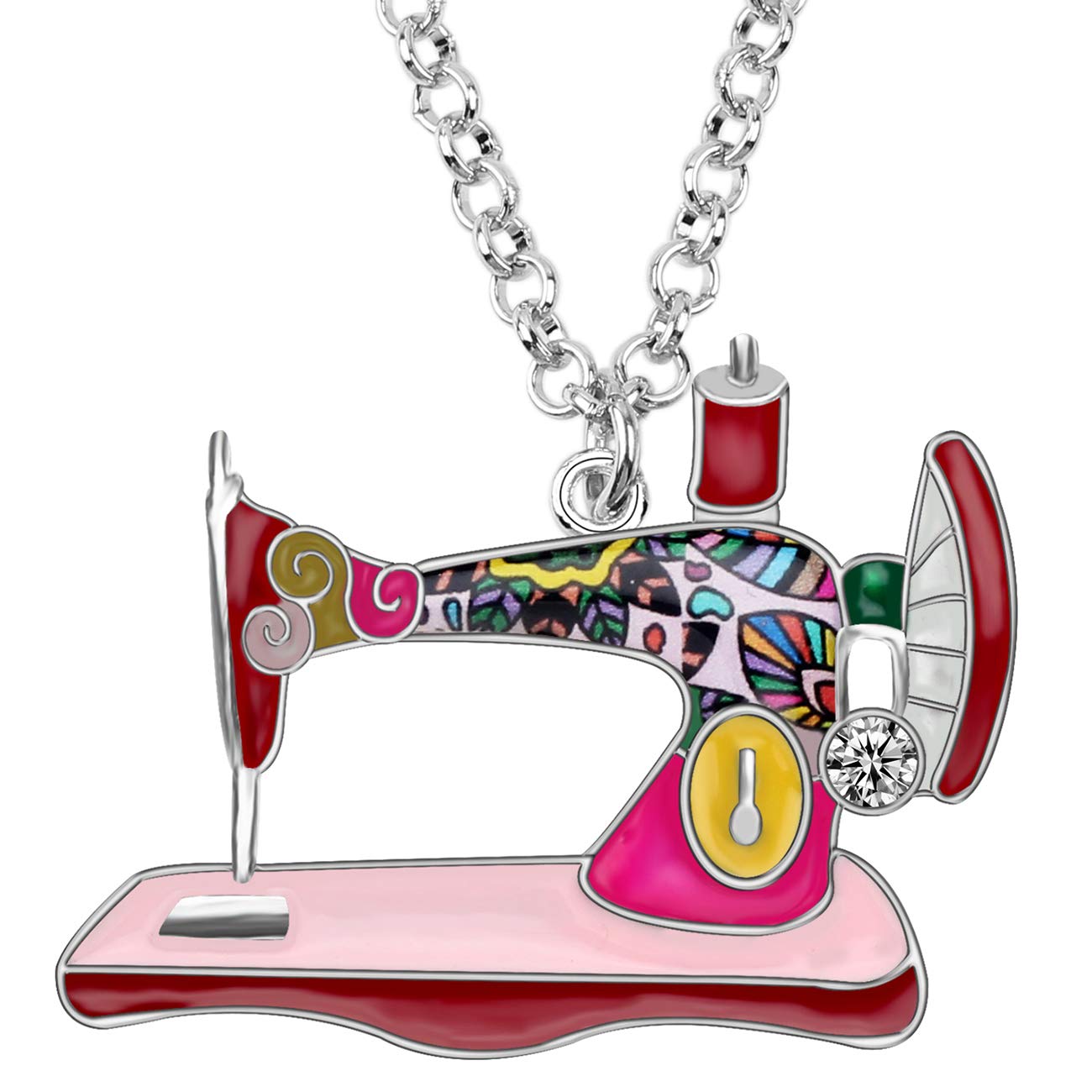 BONSNY Statement Enamel Rhinestone Chain Sewing Machine Necklaces Pendant Original Design for Women Girls Jewelry (Red)