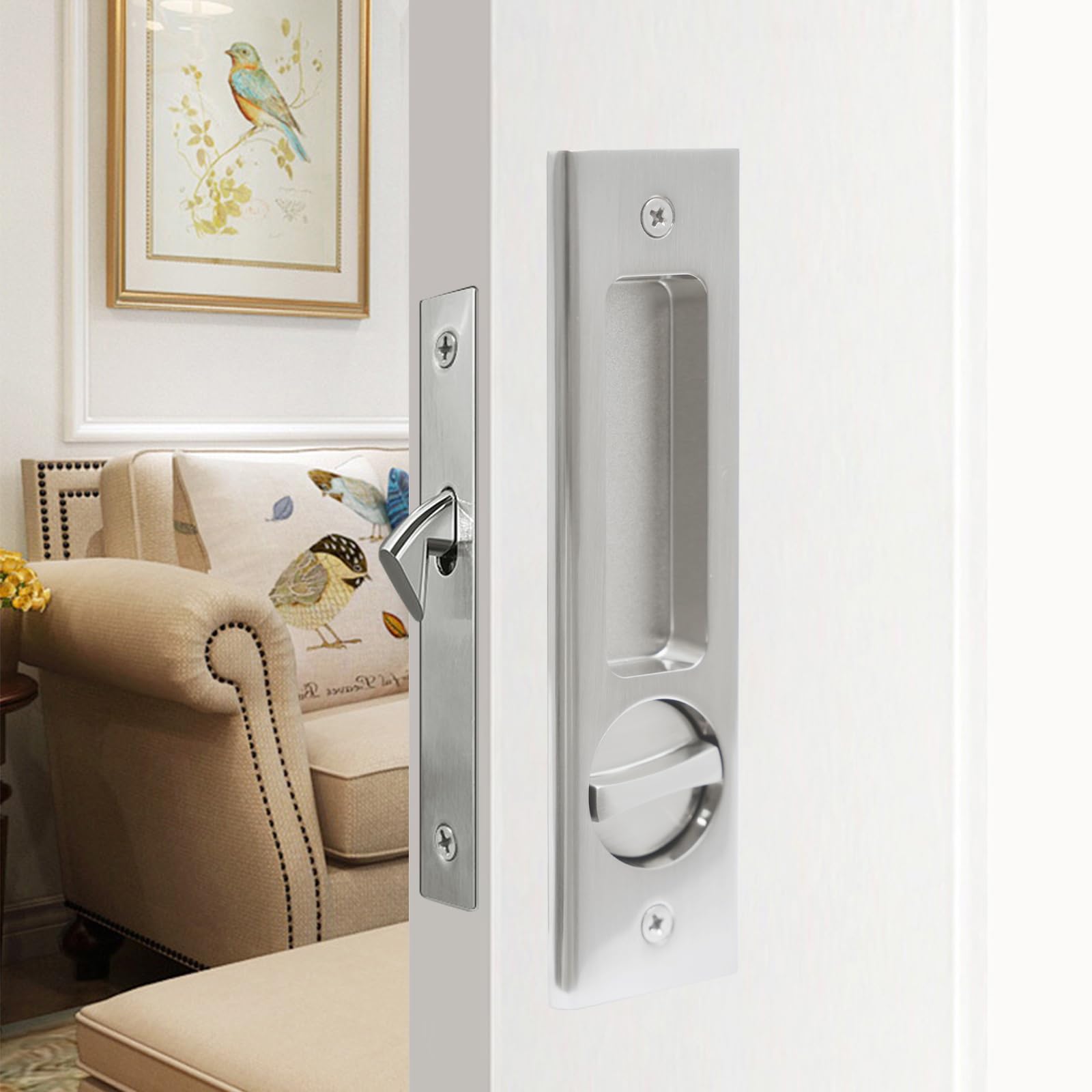 Hoconnie Pocket Door Handle Sliding Door Lock Pocket Door Lock Invisible Recessed Door Handle 160mm No Key (Silver)