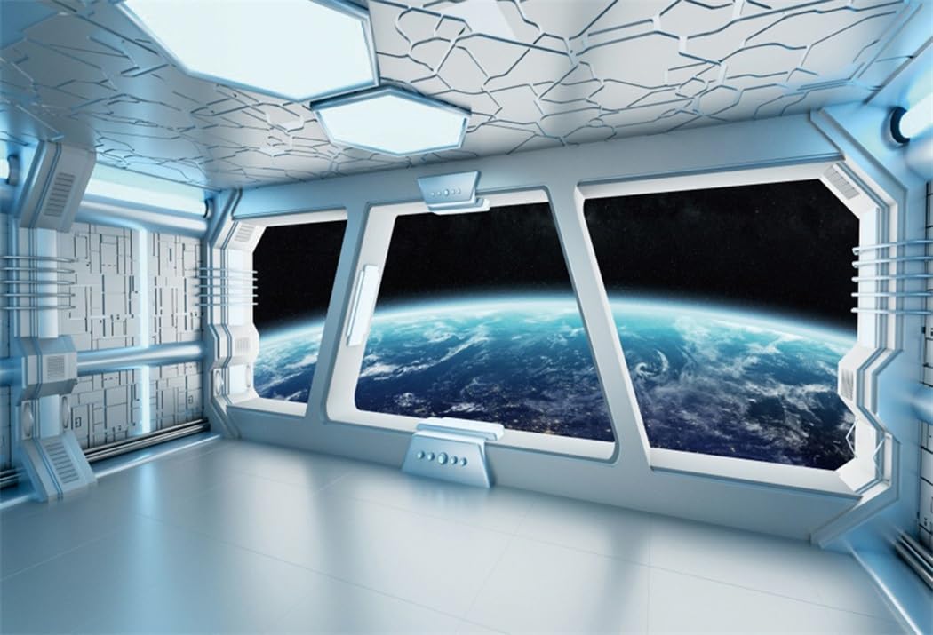 Photo 1 of AOFOTO 7x5ft Spaceship Interior Backdrop Space Station Spacecraft Cabin Window View On Earth Background Futuristic Science Fiction Universe Outer Space Exploration Room Decors Photo Shoot Props