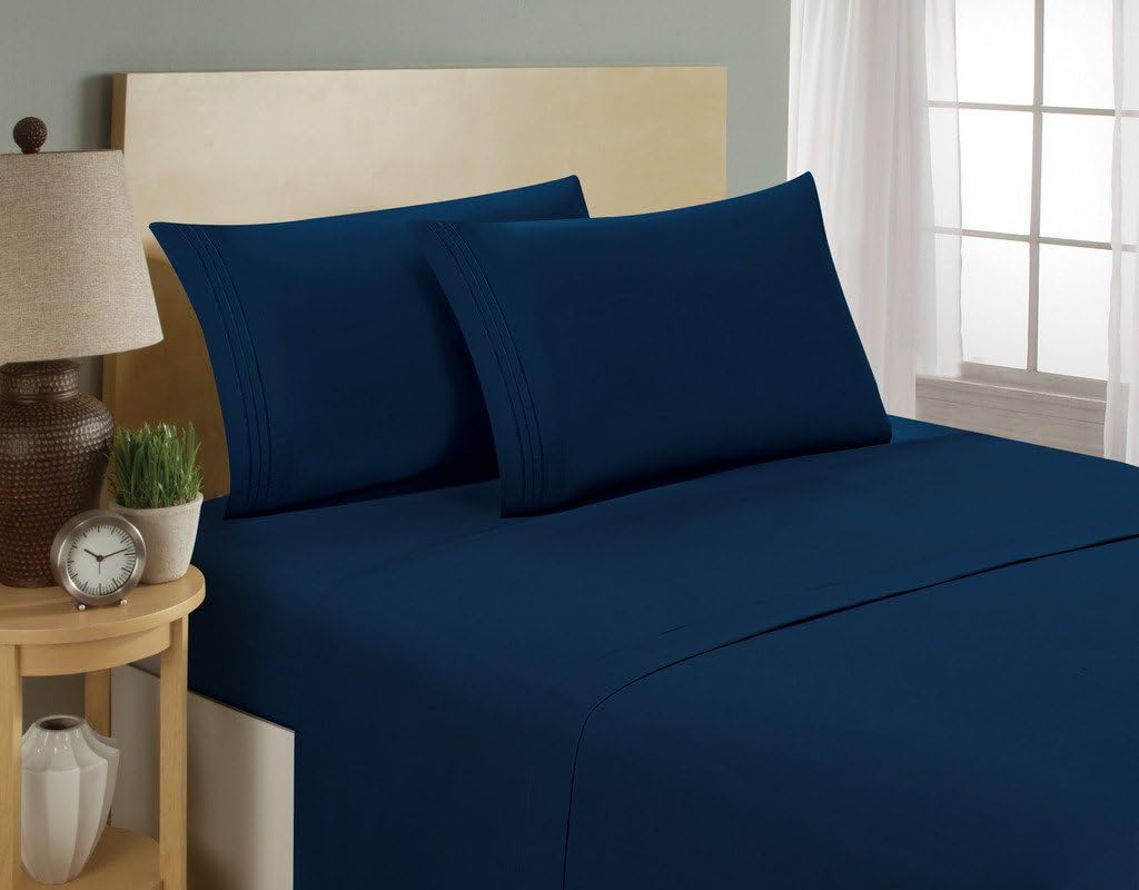 Bellerose Luxurious Sheets Set 1800 3-Line Collection Brushed Microfiber Deep Pocket Super Soft and Comfortable Hotel Collection Sheets Queen, Navy