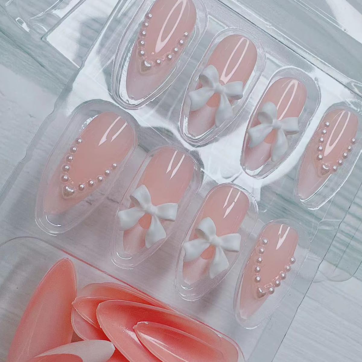 White French Tip Almond Shape Pearl Bow Fake Nails Design Tips - 24pcs Cute Bow Stick On Nails for Women & Girls - Daily Wear - Image 5