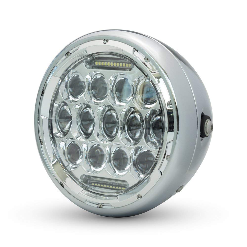 Alchemy Parts Motorbike Projector LED Headlight 7.7 inch 196mm in Deep Chrome for Cafe Racer Retro Scrambler Street Bike Roadster Gloss Black