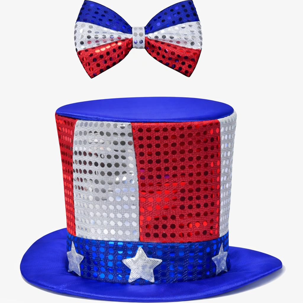 eBoutik - American Uncle Sam Hat & Bow Tie Set – Red White Blue Sequin Patriotic Costume Accessories for Adults – 4th July, Independence Day, Thanksgiving, USA Party Fancy Dress
