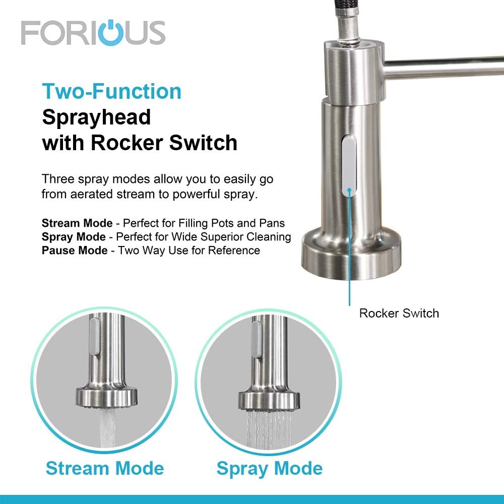 FORIOUS Kitchen Faucet with Pull Down Sprayer, Commercial Spring Kitchen Sink Faucet with Pull Out Sprayer, Single Handle Kitchen faucets with coved Plate, Brush Nickel - - 