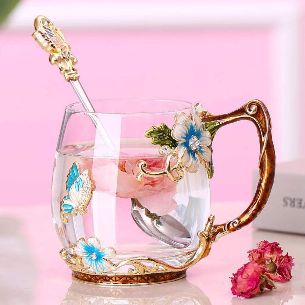Luka Tech Handmade Enamel Butterfly Flower Glass Coffee Mugs Tea Cup with Spoon,Birthday Gifts for Her Women Mum Friends Valentines Mothers Day - Image 3