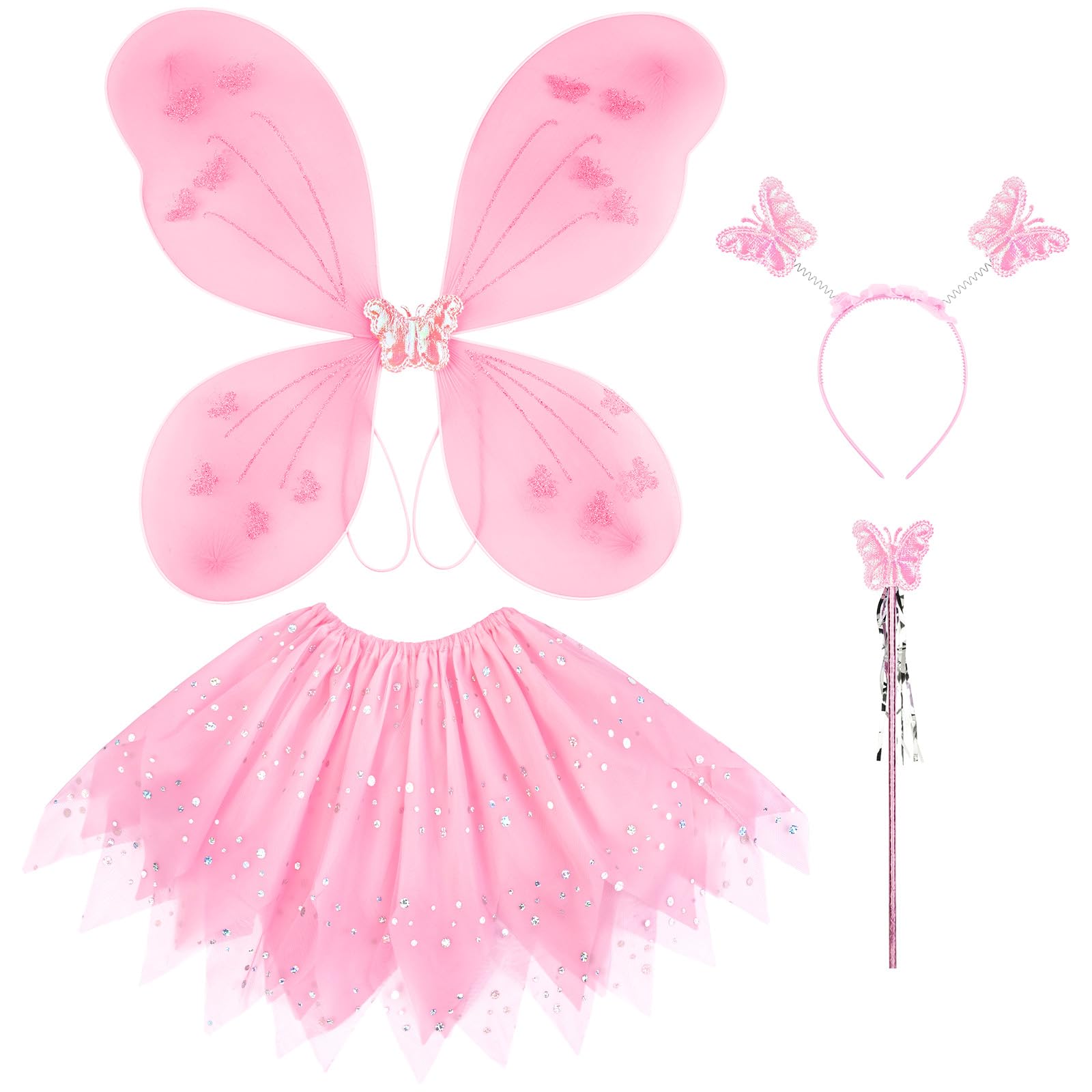 AYBUY Fairy Wings Kids Costume, Fairy Butterfly Wings with Glitter Tutu, Magic Wand and Headband, Pink Fairy Princess Skirt Set, Fairy Dressing up Costume for Girls