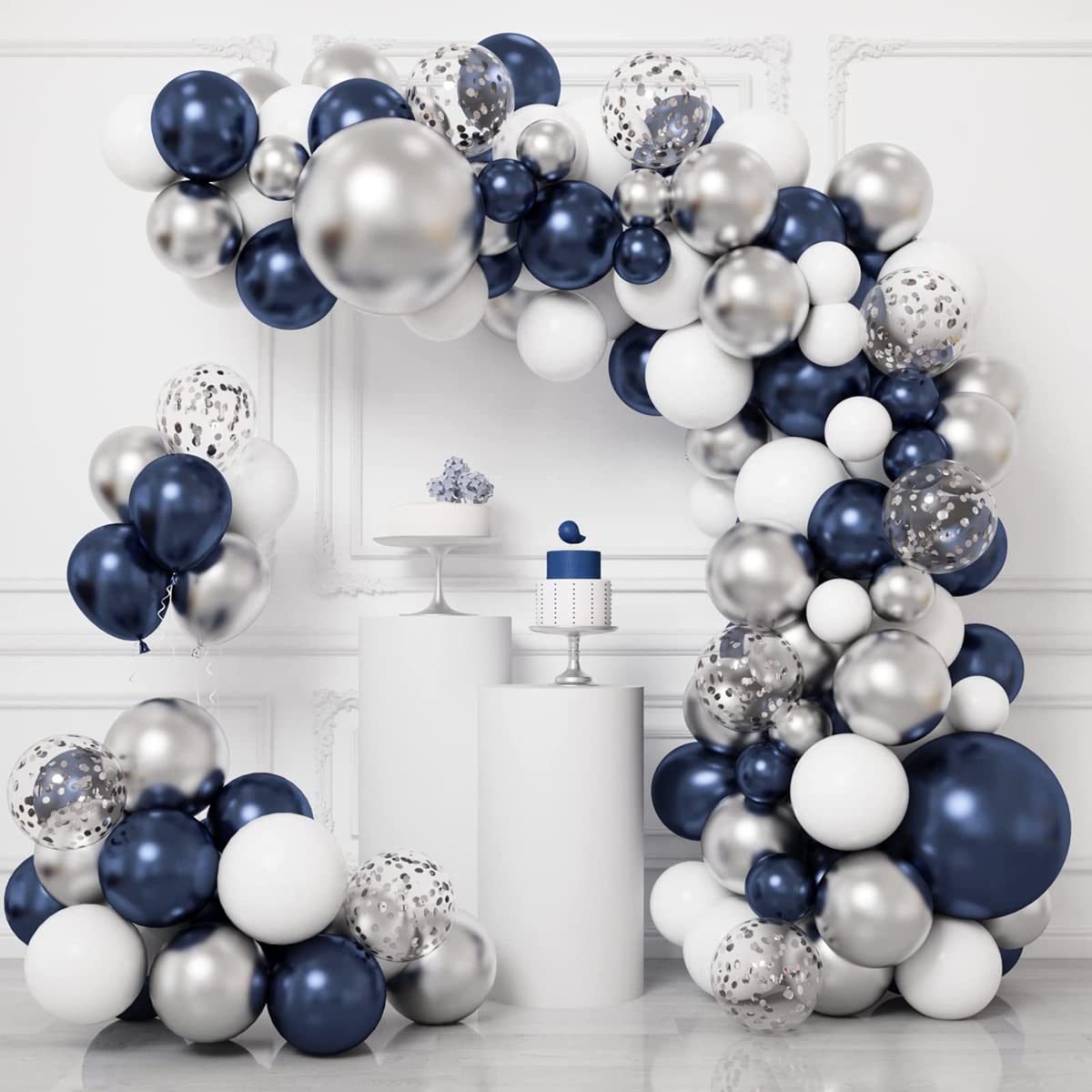 QIFU Navy Blue Silver Balloon Arch Kit, 114pcs Balloon Arch Navy and Silver with Silvery Confetti Balloons for Gender Reveal, Boys Men Birthday Party Balloons, Baby Shower, Christening, Graduation