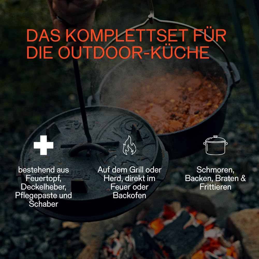 Petromax Feuertopf ft9-t Einsteiger-Set - Dutch Oven mit planen Boden inklusive Deckelheber, Pflegepaste und Schaber - für alle Grillarten und offenes Feuer - 7,5 Liter 2