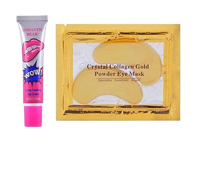 Digital Shoppy Waterproof Magic Lip Gloss Peel-Off Liquid Tint Matte Long-Lasting Lipstick And 1 Pair Crystal Collagen Gold Eye Mask (Rose Pink)