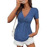Acelitt Women's V Neck Short Sleeve Twist Front T Shirts,S-XXL