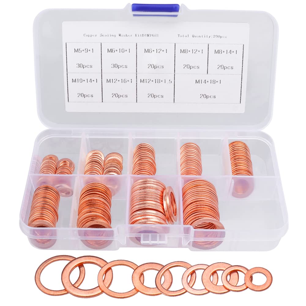 Mesee 200 Pieces Copper Washer Assortment Kit M5 M6 M8 M10 M12 M14 Sump Plug Oil Seal Flat Washers Metric Copper O Ring Sealing Gasket Replacement Set (9 Sizes)