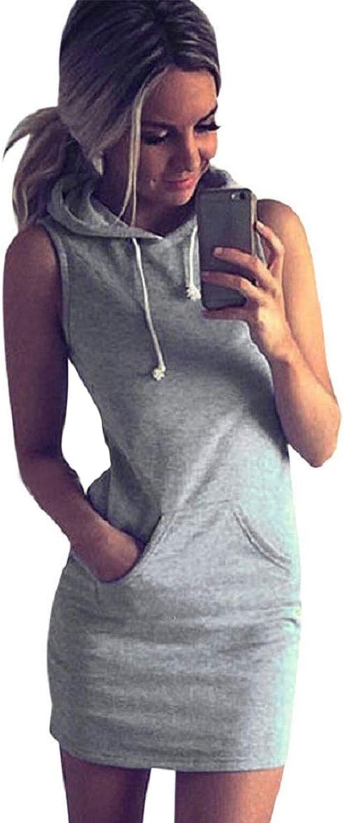 Clemunn Women Tank Hoody Mini Dresses Sexy Sleeveless Pocket Prom Evening Cocktail Party Dress Casual Summer Beach Sundress Pullover Sweatshirt Dress Jumper Plus Size