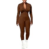 UOUA Womens Workout Set Two Piece Outfits Bodycon Long Sleeve Zipper Jacket & Leggings for Gym Tracksuit