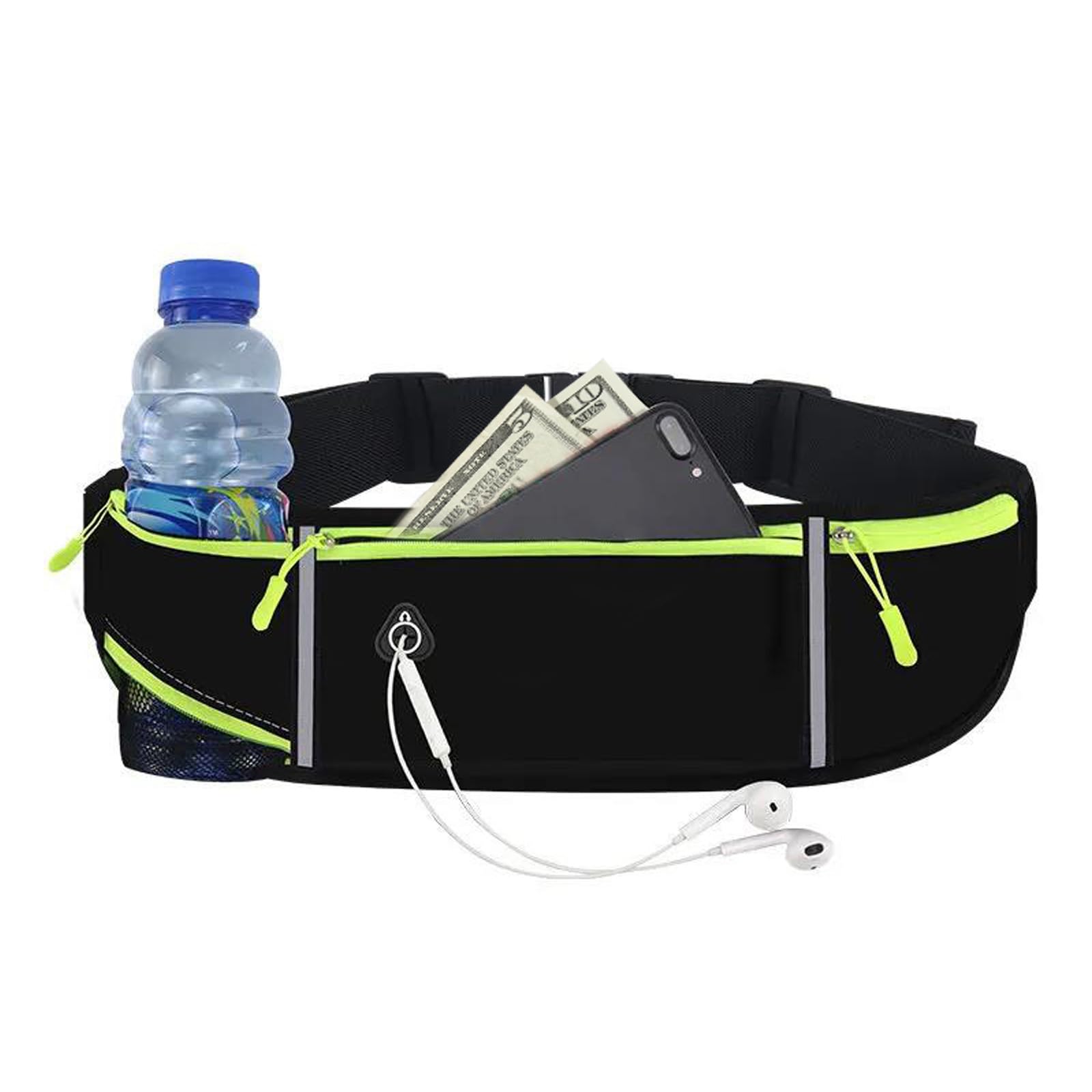 Running Belt with Water Bottle Pouch, Waterproof Running Bag with Phone Holder Running Accessories Waist Packs, Running Belts for Women Men Waist Bag with Reflective Design