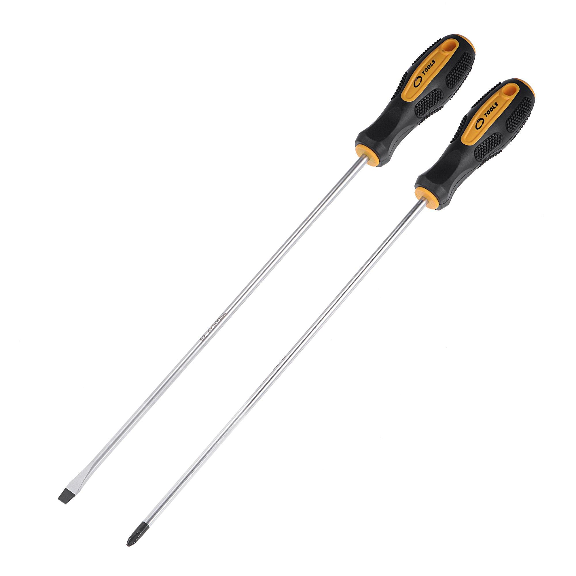 sourcing map #2 Phillips / 7mm Slotted Magnetic Screwdriver Set, 12" S2 Steel Round Shaft Non-Slip Black+Yellow Handle