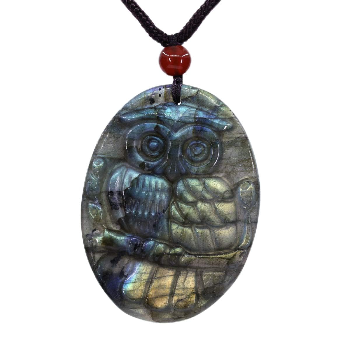 CHENYUE Natural Labradorite Semi Precious Carved Gemstones Owl Statue Fashion Pendant Necklace 24 Inch