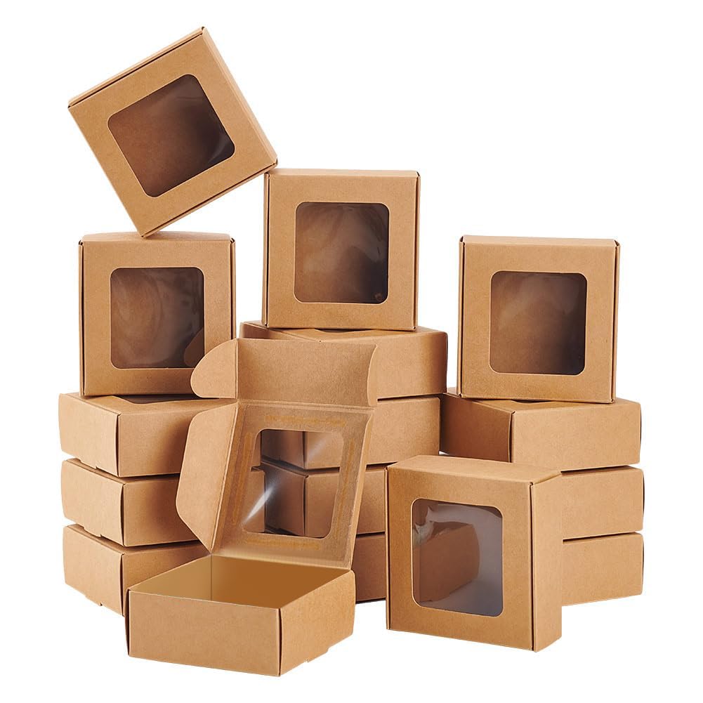 BENECREAT 36 Packs 7.5x7.5x3cm/ 3x3x1.2 Inch Brown Kraft Paper Box with Clear Window, Foldable Paper Gift Box Goodies Box for Party Wedding Bakery Packaging