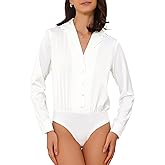 Allegra K Satin Business Bodysuit for Women's Long Sleeve Notched Lapel Button Down Shirt