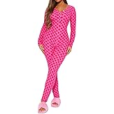 HOXIJIA Women Heart Printed Rompers Long Sleeve V Neck Button Down Long Jumpsuits Bodycon Pajamas Bodysuits for Valentine