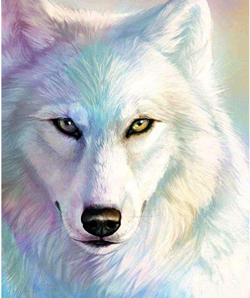 Jestang Diamond Painting Cross Stitch Set Rhinestone Embroidery Arts Craft with Tools White Wolf Head 11.8x15.7in
