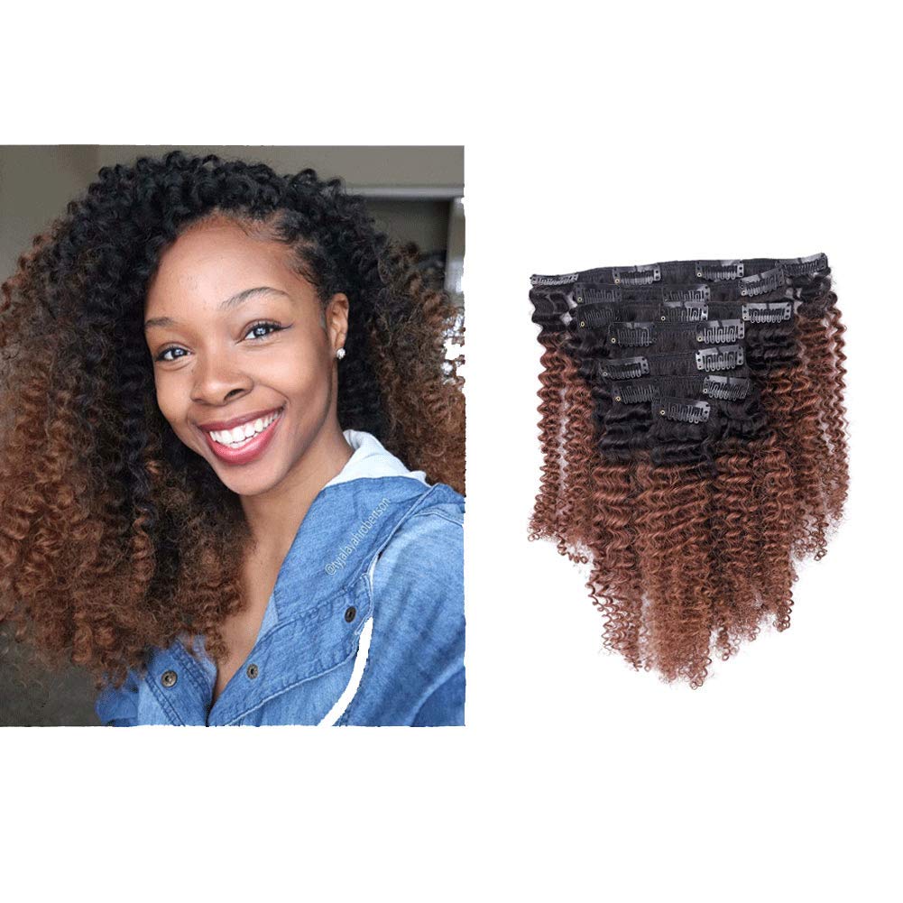 Caliee Virgin Hair Afro Kinky Curly Clip ins Human Hair Extension Brazilian 4A and 4B Curly for African American Black Women Dark Brown Blonde T#1B/33 120 Gram,16 Inch