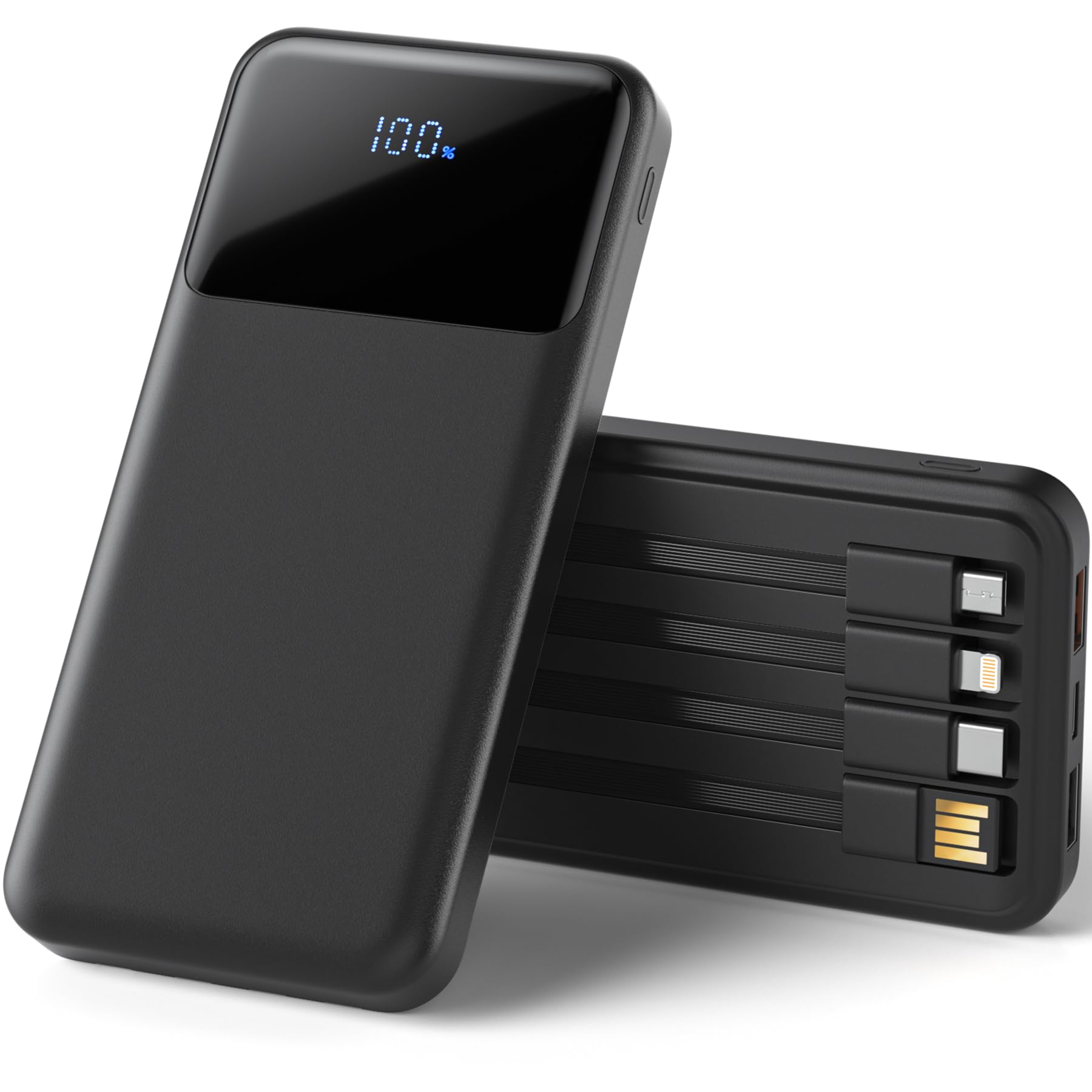 ZUOGGPET Portable Charger with Built in Cables, Power Bank with Cords Wires, Slim 10000mAh Travel Battery Pack 6 Outputs 3 Inputs 3A Fast Charging for Samsung Google Pixel LG Moto iPhone iPad, 1 Pack