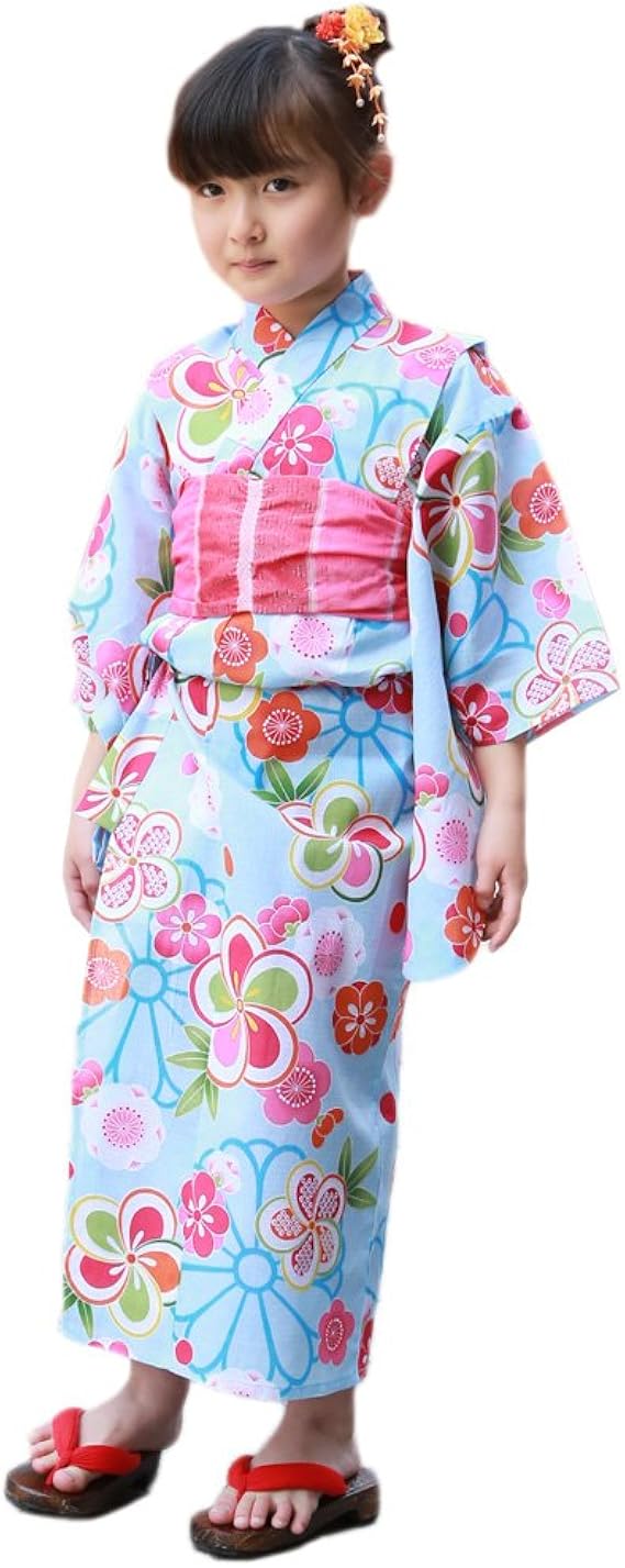 Amazon 浴衣 キッズ セット 水色地にねじり梅と菊 変わり織り綿浴衣2点セット 浴衣 へこ帯 子供 女の子 着物 浴衣 通販