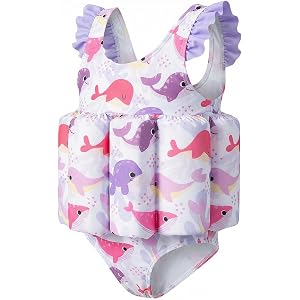 DivingBirds Toddler Girls Sleeveless Floatie Swimsuit, Whale Print, 1-2Y