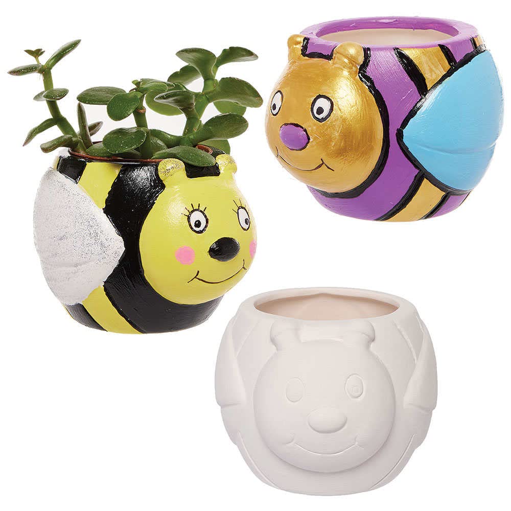 Baker Ross FC788 Bumble Bee Ceramic Flowerpots - Box of 3, Craft Kits for Kids, Plant Pot Painting, Ceramics Crafts,Green