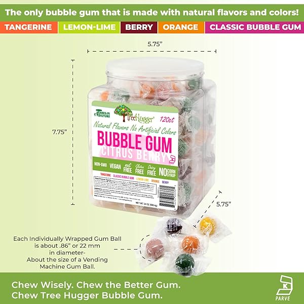 TREE HUGGER BUBBLE GUM, CITRUS BERRY, NATURAL FLAVORS, NO ARTIFICIAL COLORS, 120 COUNT TUB