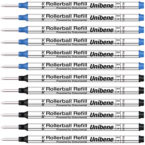 Unibene Montblanc Compatible Gel Ink Rollerball Refills 12 Pack, 0.5mm Fine Point - 6 Black&6 Blue, Rolling Ball Refills Fit Mont Blanc Rollerball/Fineliner Pen