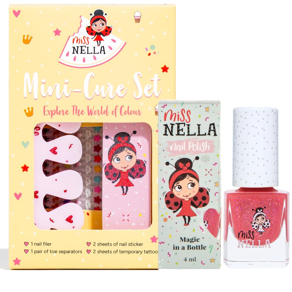 Miss Nella NAIL KIT & NAIL POLISH- Accessories set for kids + peel off nail polish, nail stickers, tattoos, nail filer & toe separators- all designed for children hands & toes