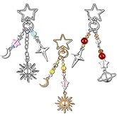 Ouligay 3PCS Sun and Moon Keychain Star Crystal Keychains Fall Bag Charms Gemstone Beaded Bag Charm Keychain for Women Cute Y2k Aesthetic Purse Charms for Handbags