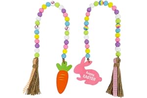 0M0DZH Easter Beads Garland with Tassel, Easter Day Wooden Beads Garland with Colorful Bunny-Shaped Wooden Beads with Jute Rope Plaid Tassel, Farmhouse Rustic Boho Beads Tiered Tray Home Decorations(2 Pack)